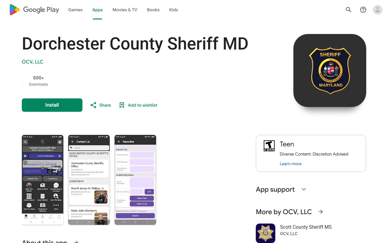 Dorchester County inmate records Sheriff's Google Play app listing