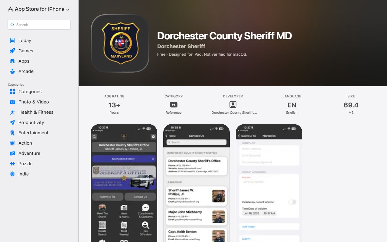 Dorchester County inmate records Sheriff's Apple app listing