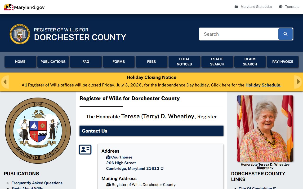 Dorchester County probate records Register of Wills page