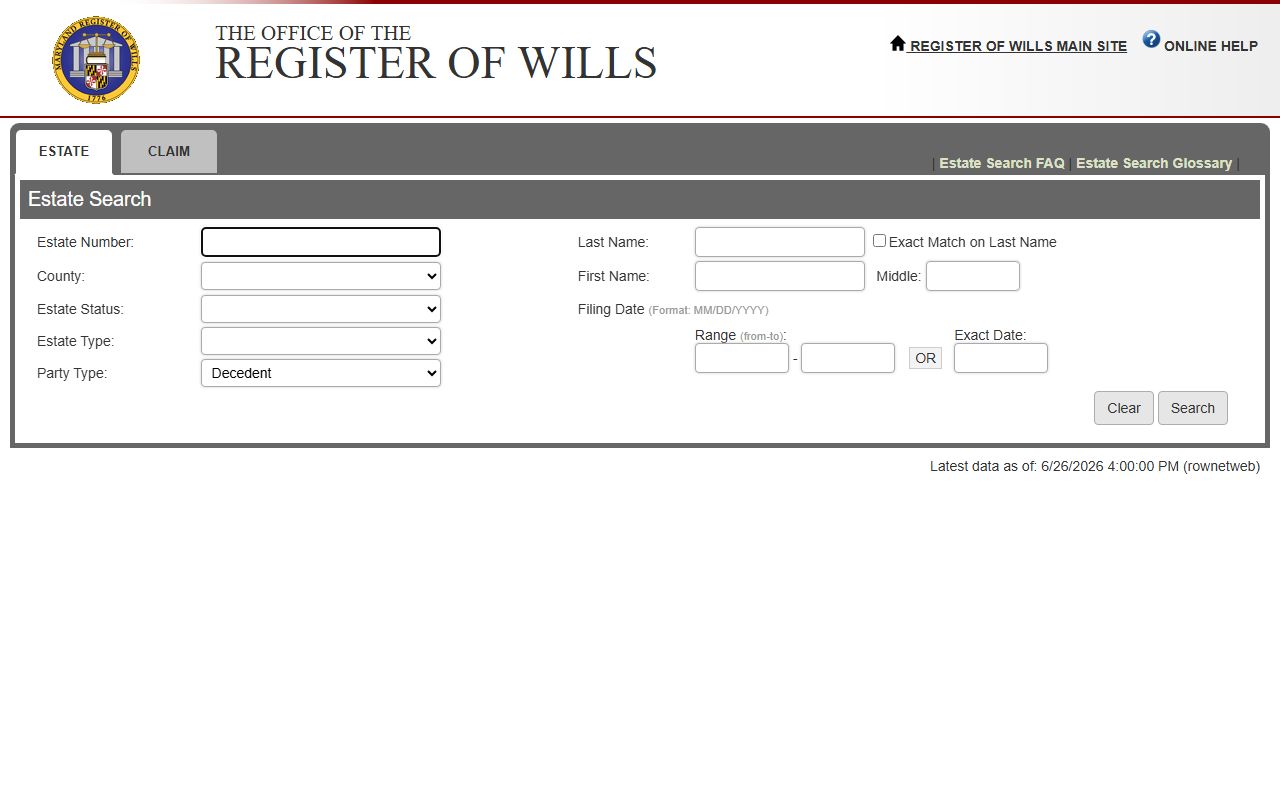 Dorchester County probate records Estate Search form