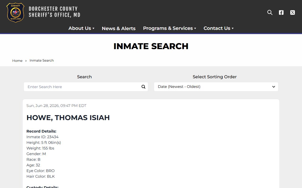 Dorchester County warrant records inmate search route